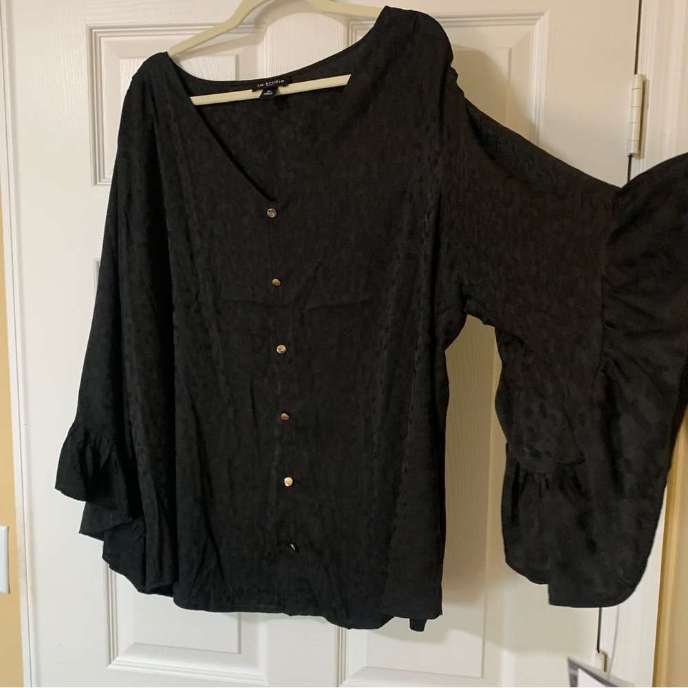 I.N. Studio Black Button Front Long Ruffle Sleeve Blouse - Picture 4 of 5
